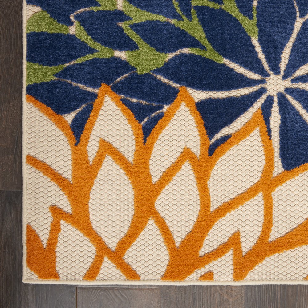 12' Ivory And Blue Floral Indoor Outdoor Runner Rug