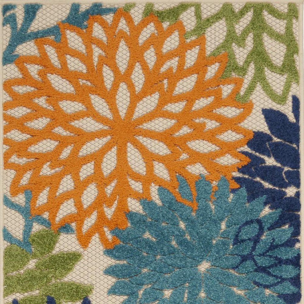 12' Ivory And Blue Floral Indoor Outdoor Runner Rug