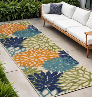 12' Ivory And Blue Floral Indoor Outdoor Runner Rug
