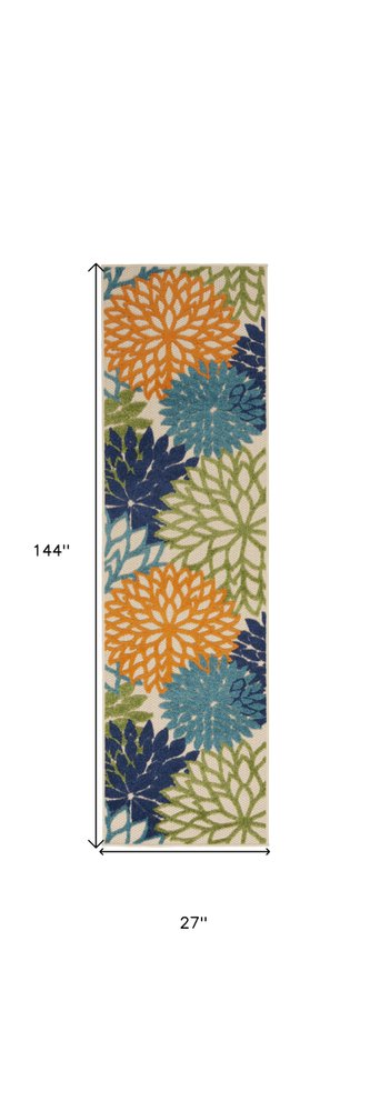 12' Ivory And Blue Floral Indoor Outdoor Runner Rug