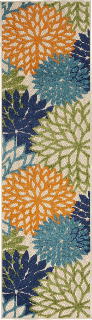 2' X 10' Ivory And Blue Floral Indoor Outdoor Area Rug