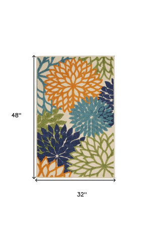 5' X 8' Ivory And Blue Floral Indoor Outdoor Area Rug