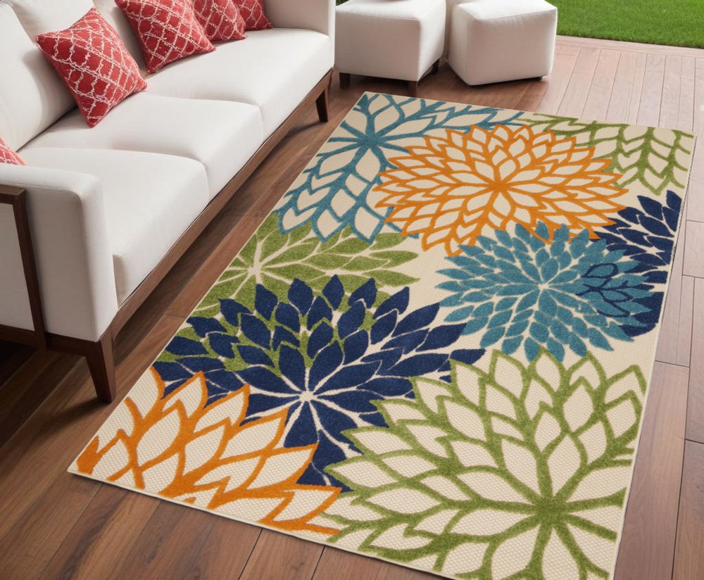 5' X 8' Ivory And Blue Floral Indoor Outdoor Area Rug