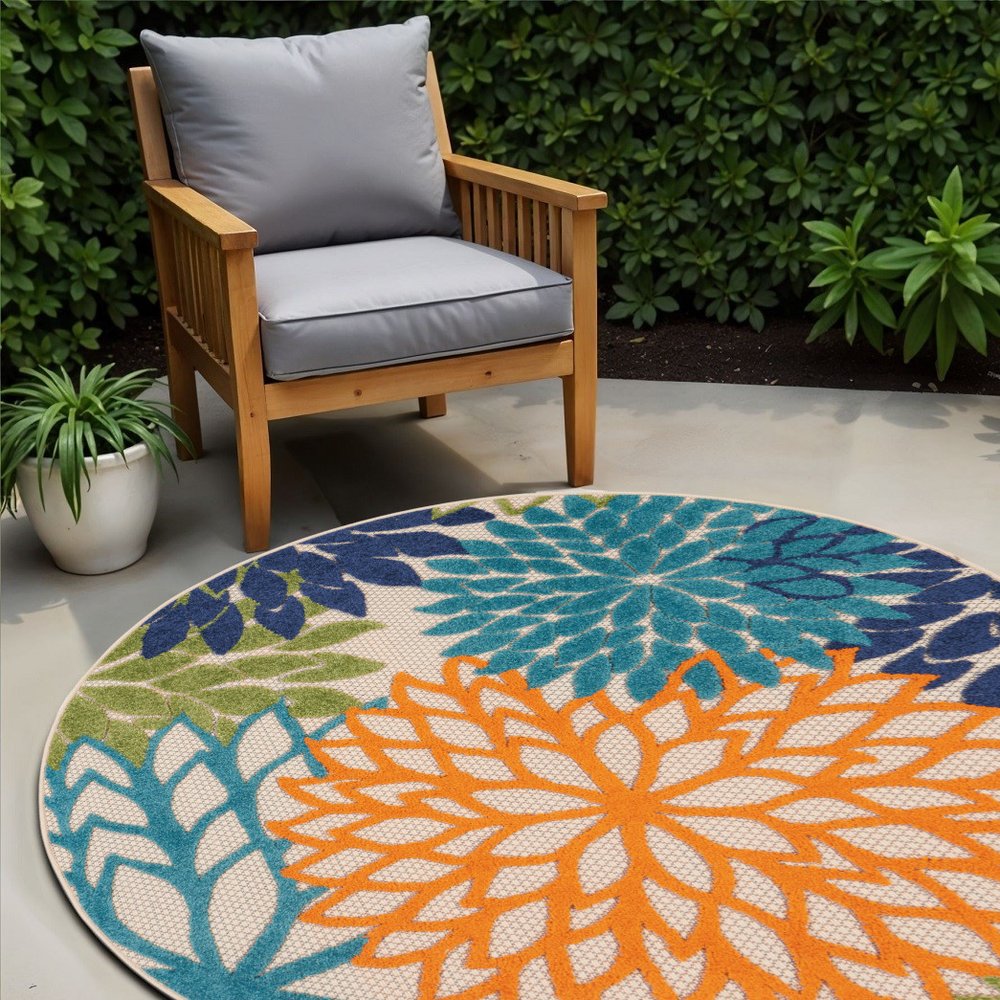 8' Ivory And Blue Round Indoor Outdoor Area Rug