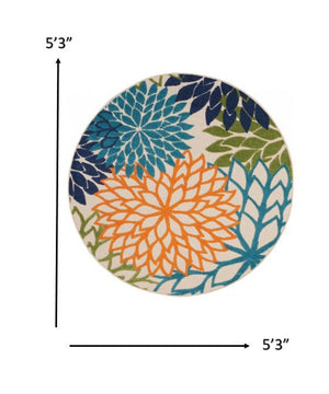 5' Ivory And Blue Round Indoor Outdoor Area Rug