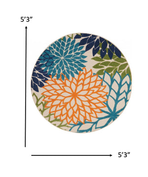 8' Ivory And Blue Round Indoor Outdoor Area Rug