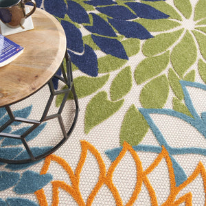 8' Ivory And Blue Round Indoor Outdoor Area Rug