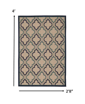 4' X 6' Blue And Ivory Geometric Indoor Outdoor Area Rug