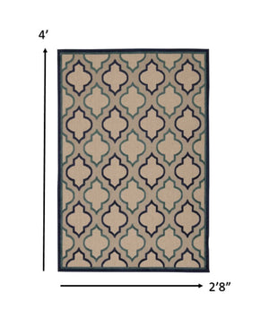 4' X 6' Blue And Ivory Geometric Indoor Outdoor Area Rug