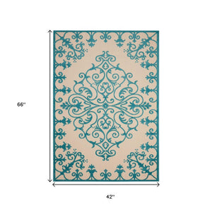 8' X 11' Orange And Ivory Damask Indoor Outdoor Area Rug
