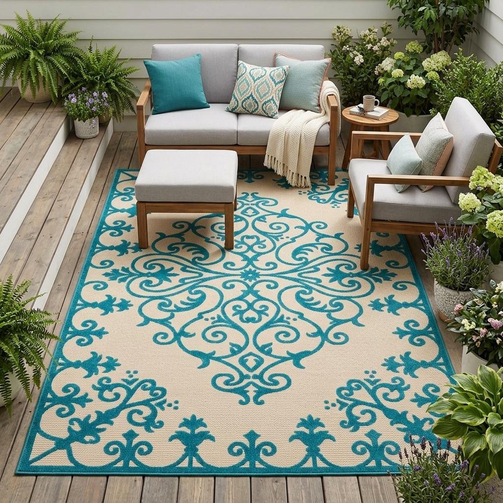 8' X 11' Orange And Ivory Damask Indoor Outdoor Area Rug