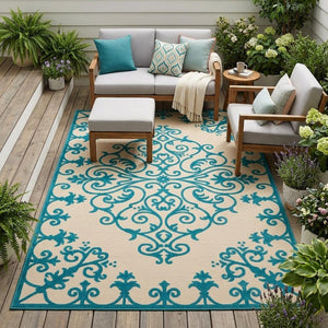 8' X 11' Orange And Ivory Damask Indoor Outdoor Area Rug