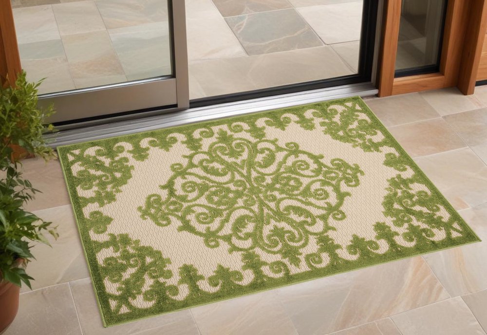 3' X 4' Green Damask Indoor Outdoor Area Rug