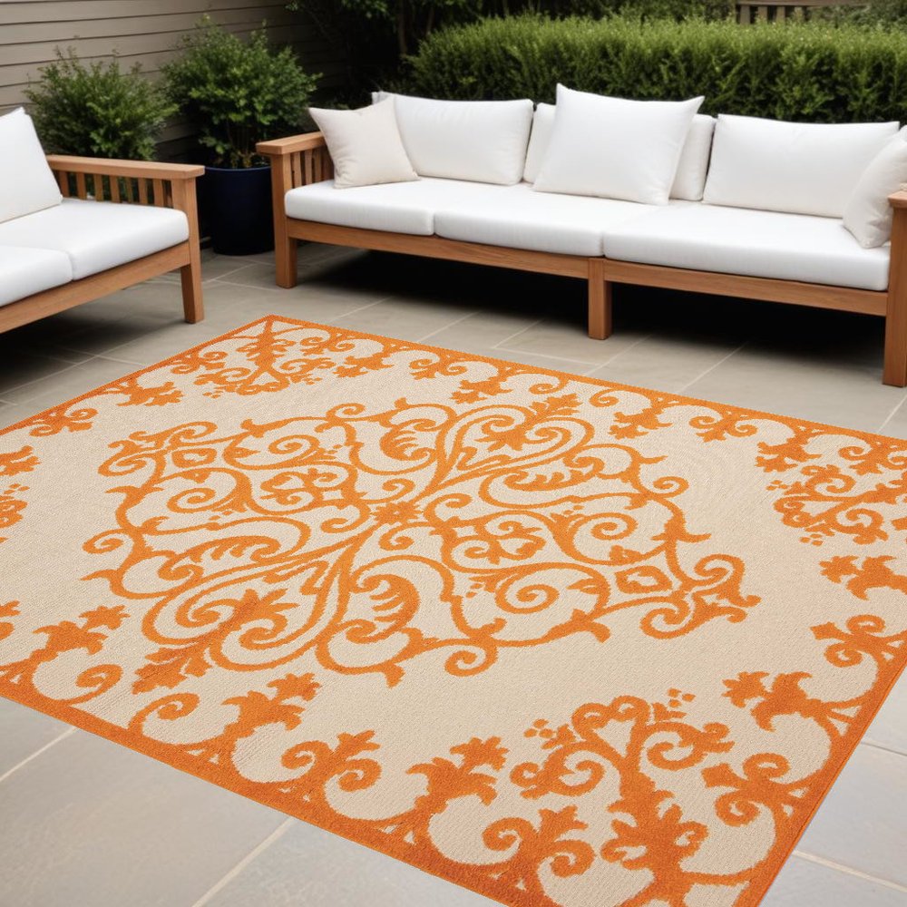 3' X 4' Green Damask Indoor Outdoor Area Rug