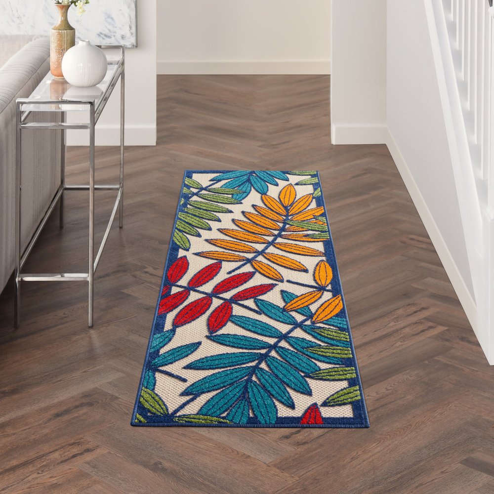 6' Ivory And Blue Floral Indoor Outdoor Area Rug