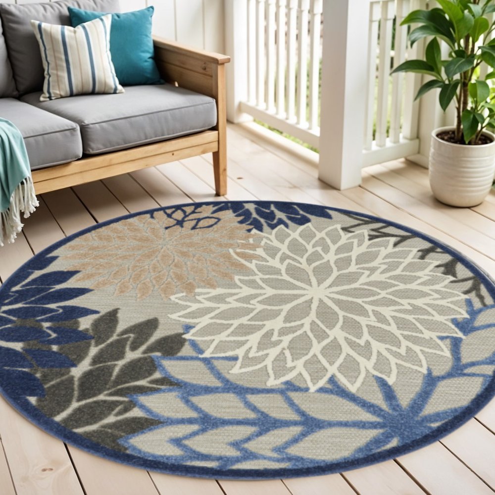 8' Blue And Gray Round Indoor Outdoor Area Rug