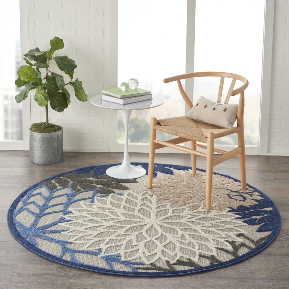 8' Blue And Gray Round Indoor Outdoor Area Rug
