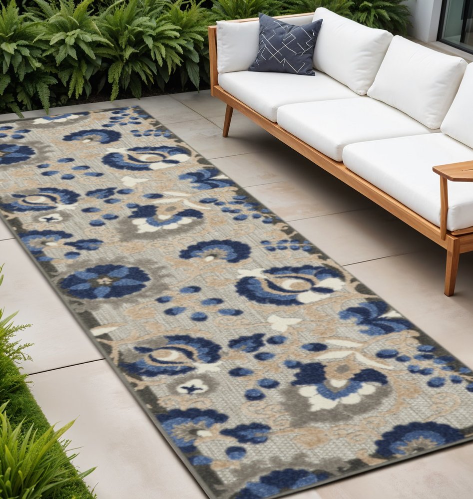 5' X 8' Blue And Gray Floral Indoor Outdoor Area Rug