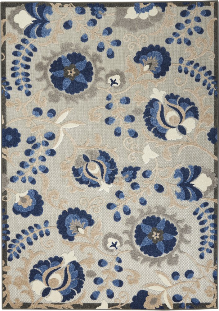 5' X 8' Blue And Gray Floral Indoor Outdoor Area Rug