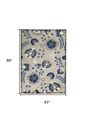 5' X 8' Blue And Gray Floral Indoor Outdoor Area Rug