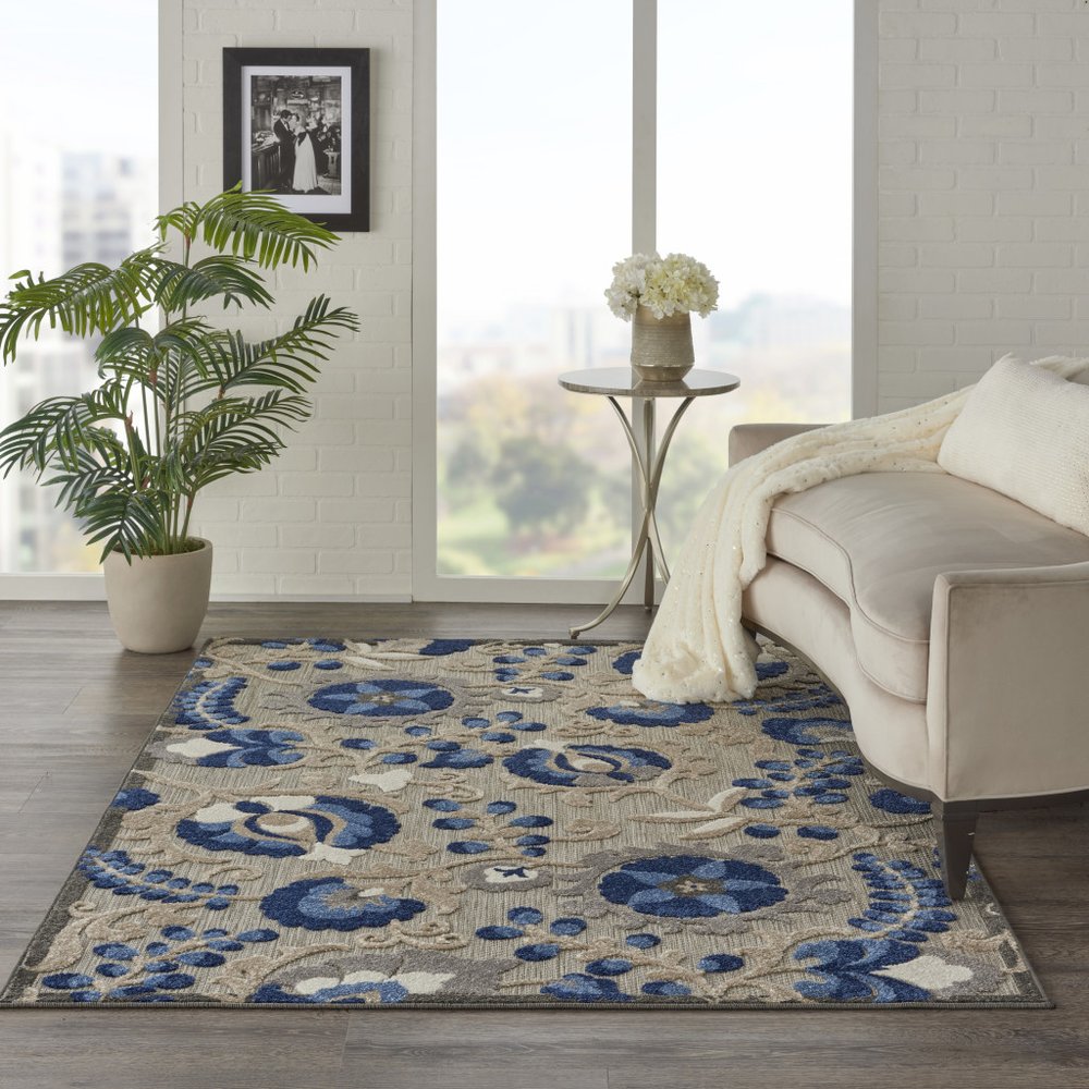 5' X 8' Blue And Gray Floral Indoor Outdoor Area Rug