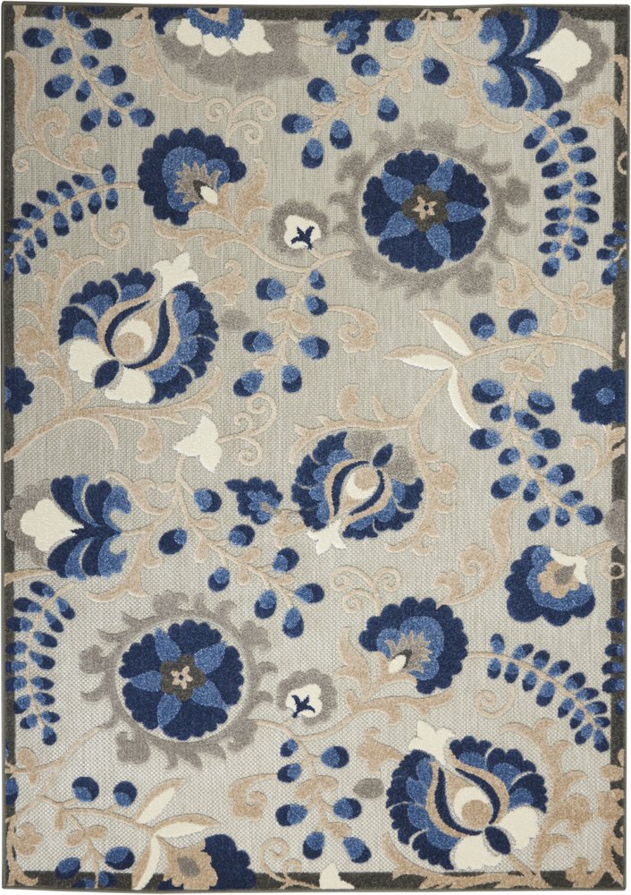 5' X 8' Blue And Gray Floral Indoor Outdoor Area Rug