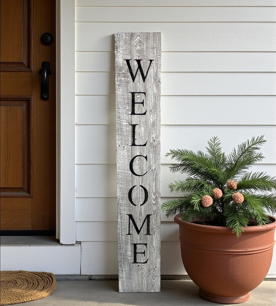60" Whitewash And Black Solid Wood Welcome Porch Sign