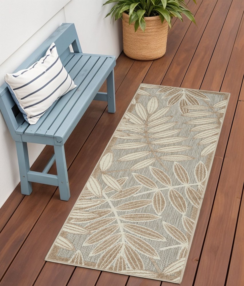 5' X 8' Beige Gray And Ivory Botanical Leaves Indoor Outdoor Area Rug