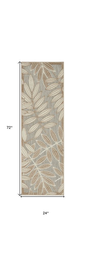 12' Gray And Ivory Floral Indoor Outdoor Runner Rug