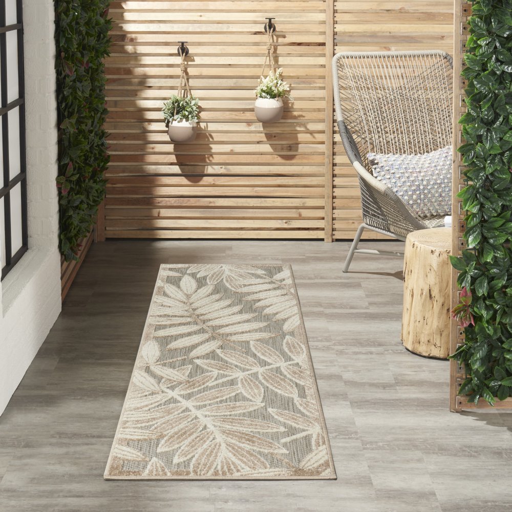12' Gray And Ivory Floral Indoor Outdoor Runner Rug