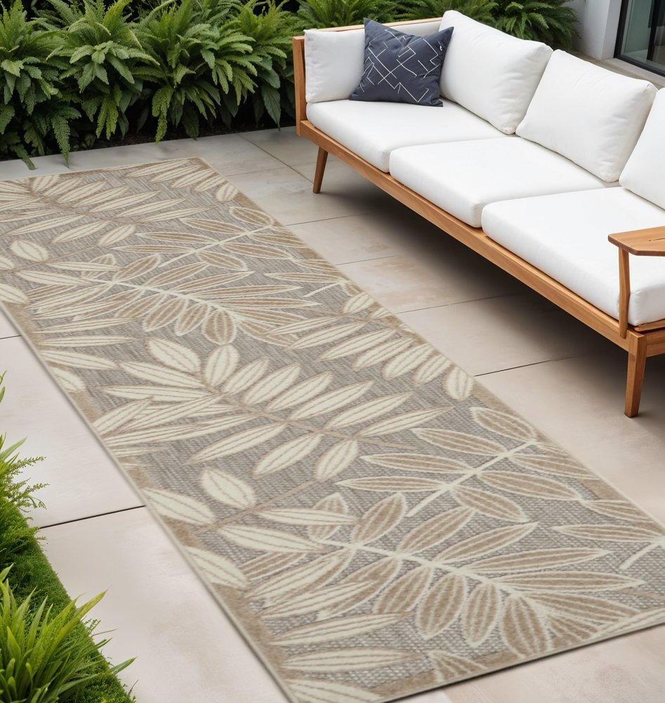 5' X 8' Beige Gray And Ivory Botanical Leaves Indoor Outdoor Area Rug