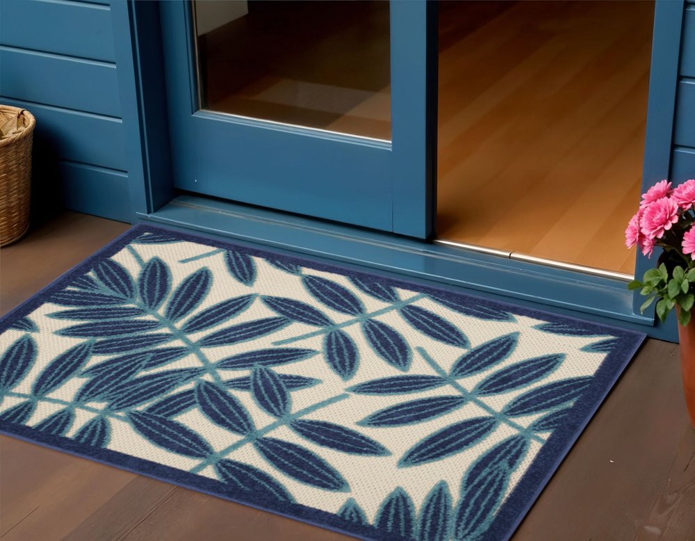 3' X 4' Blue And Ivory Floral Indoor Outdoor Area Rug