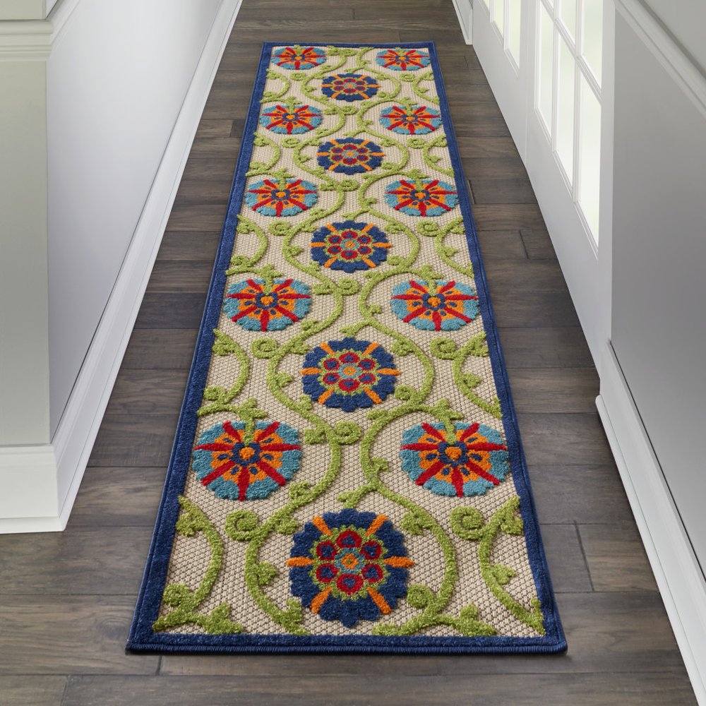 8' X 11' Ivory And Blue Indoor Outdoor Area Rug