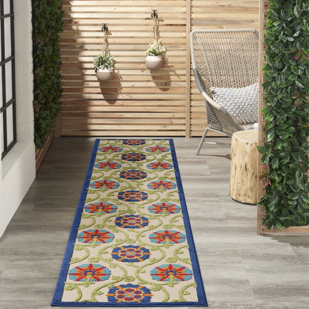 12' Ivory And Blue Indoor Outdoor Runner Rug