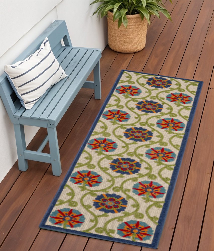 12' Ivory And Blue Indoor Outdoor Runner Rug