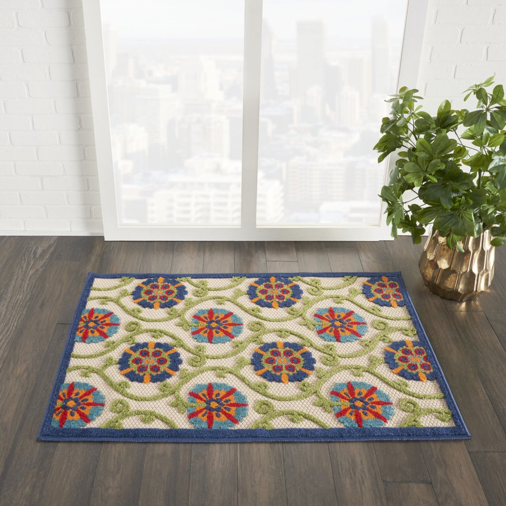 3' X 4' Ivory And Blue Indoor Outdoor Area Rug