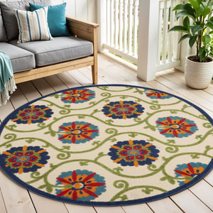 5' Ivory And Blue Round Indoor Outdoor Area Rug