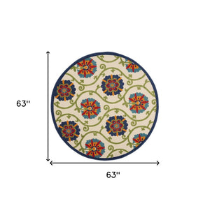 5' Ivory And Blue Round Indoor Outdoor Area Rug