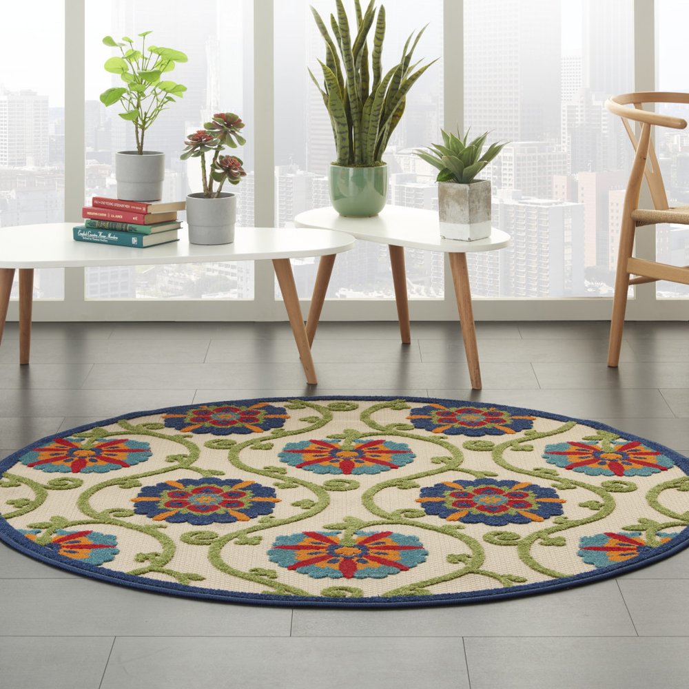 5' Ivory And Blue Round Indoor Outdoor Area Rug