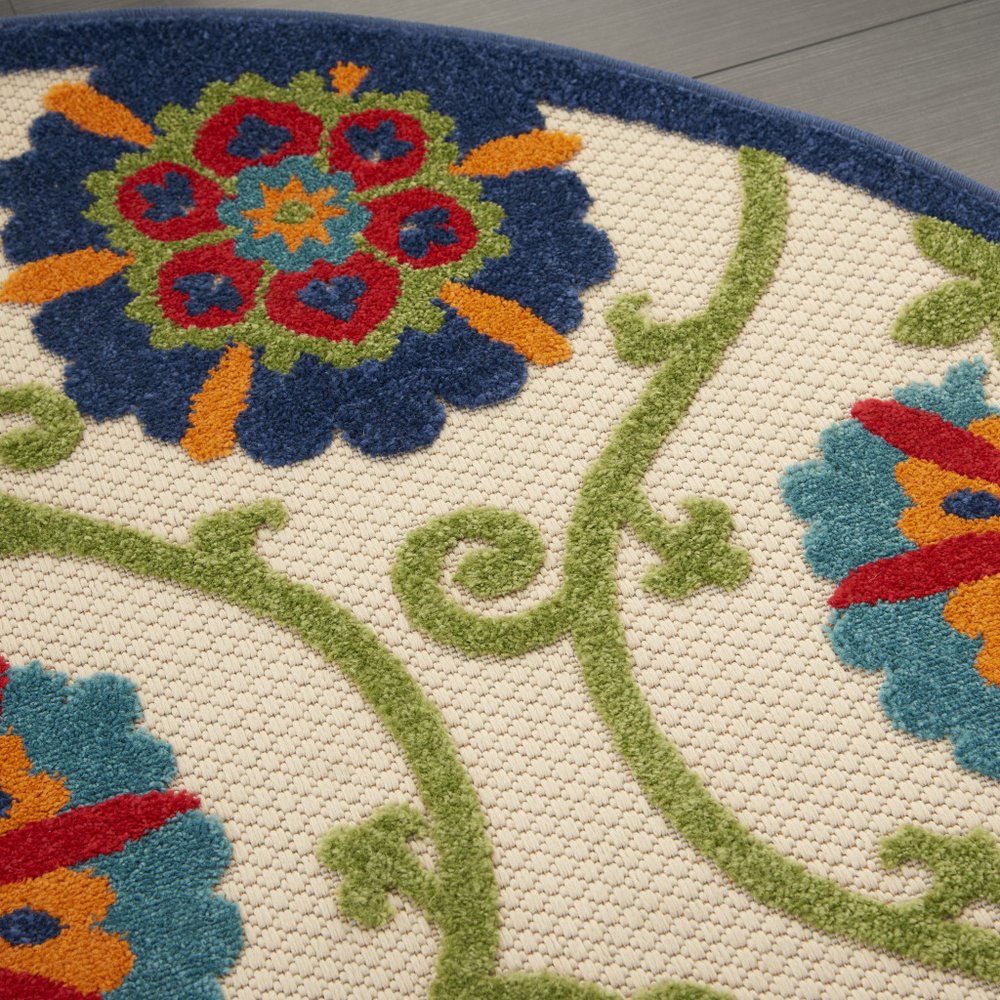 8' Ivory And Blue Round Indoor Outdoor Area Rug