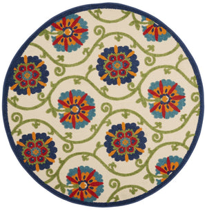 5' Ivory And Blue Round Indoor Outdoor Area Rug