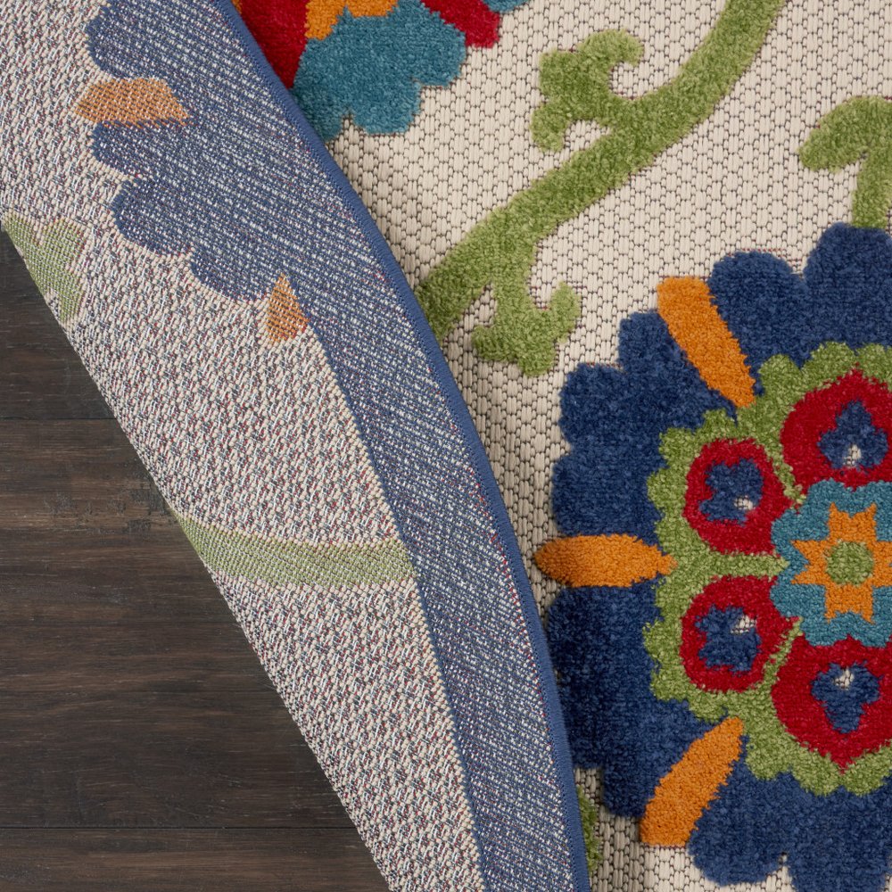 5' Ivory And Blue Round Indoor Outdoor Area Rug