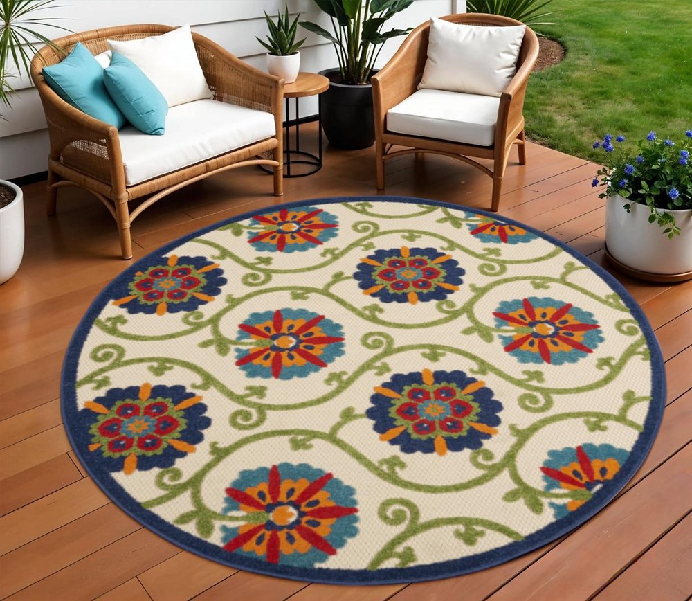 5' Ivory And Blue Round Indoor Outdoor Area Rug