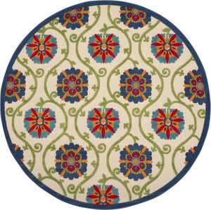 5' Ivory And Blue Round Indoor Outdoor Area Rug