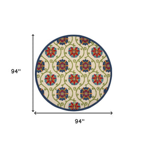 8' Ivory And Blue Round Indoor Outdoor Area Rug