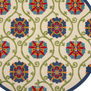 5' Ivory And Blue Round Indoor Outdoor Area Rug