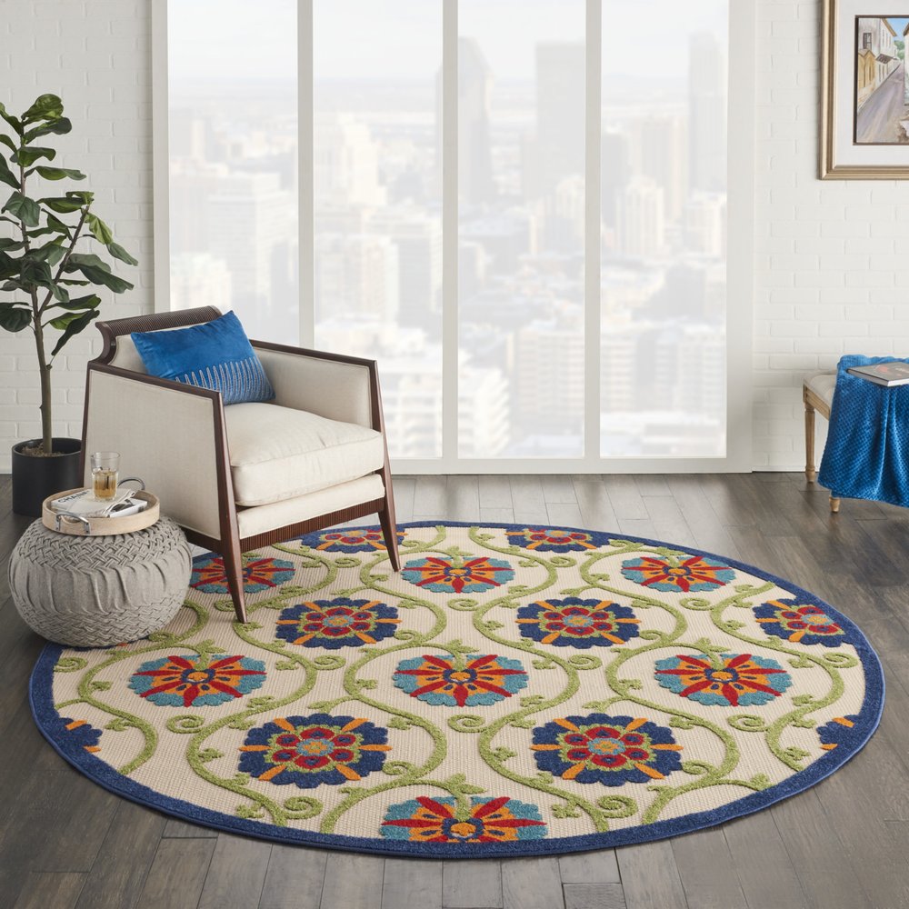 5' Ivory And Blue Round Indoor Outdoor Area Rug