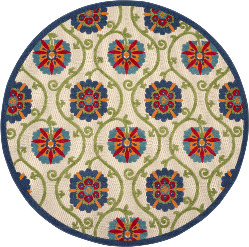 5' Ivory And Blue Round Indoor Outdoor Area Rug