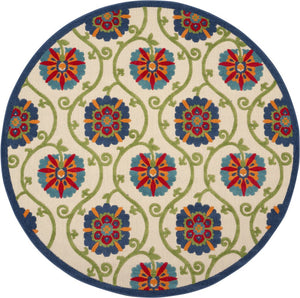 5' Ivory And Blue Round Indoor Outdoor Area Rug