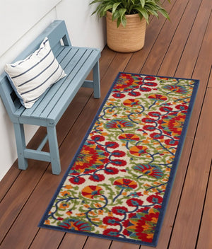 8' Red And Ivory Floral Indoor Outdoor Area Rug